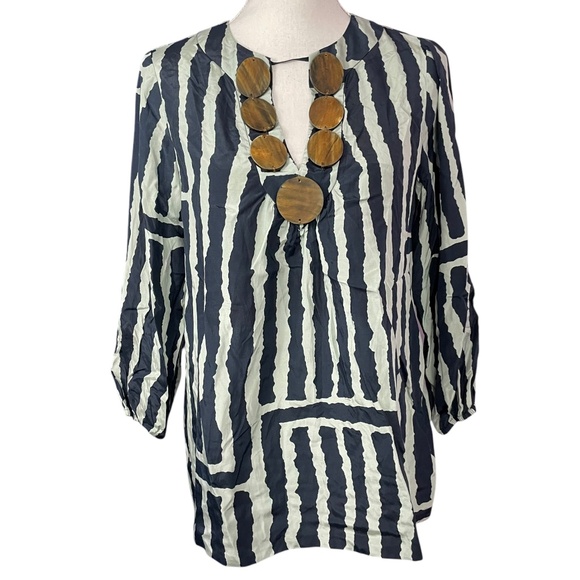 Tibi Silk Wooden Decor Blouse 6 navy white geometric cotton striped balloon - Picture 1 of 13